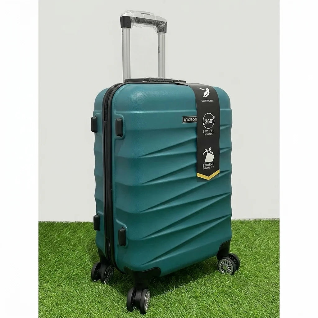 A small cabin pigeon luggage with wheels and a handle, sea green color.