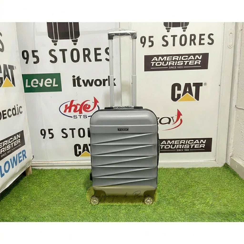 A small cabin pigeon luggage with wheels and a handle, silver color.