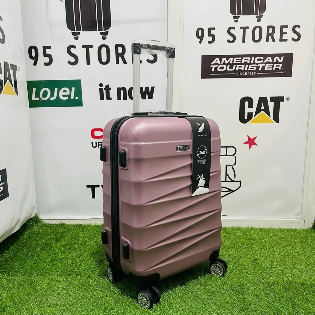 A small cabin pigeon luggage with wheels and a handle, purple color.
