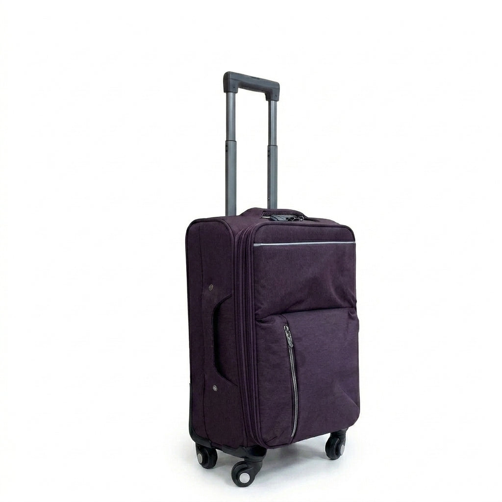 A small cabin luggage with wheels and a handle, purple color.