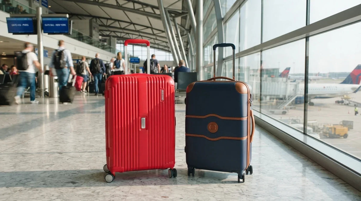 Delsey vs American Tourister suitcases placed side by side on the airport floor showcasing their travel design and durability.