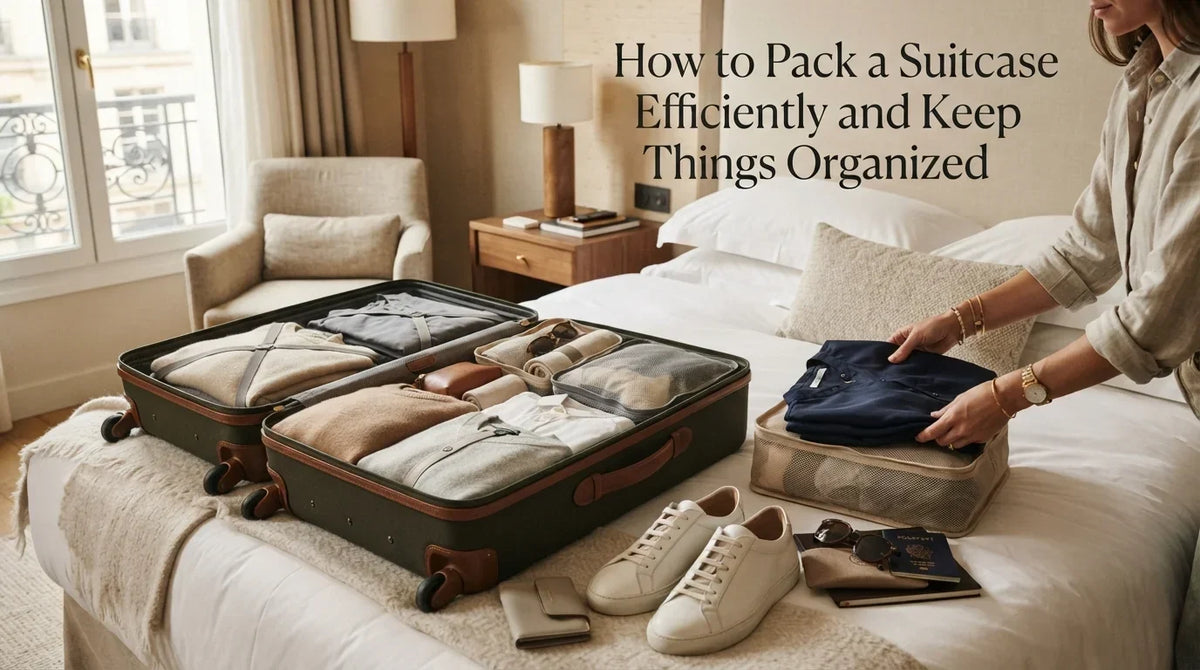 How to pack a suitcase efficiently with rolled clothes, shoes, and accessories neatly organized inside an open suitcase.