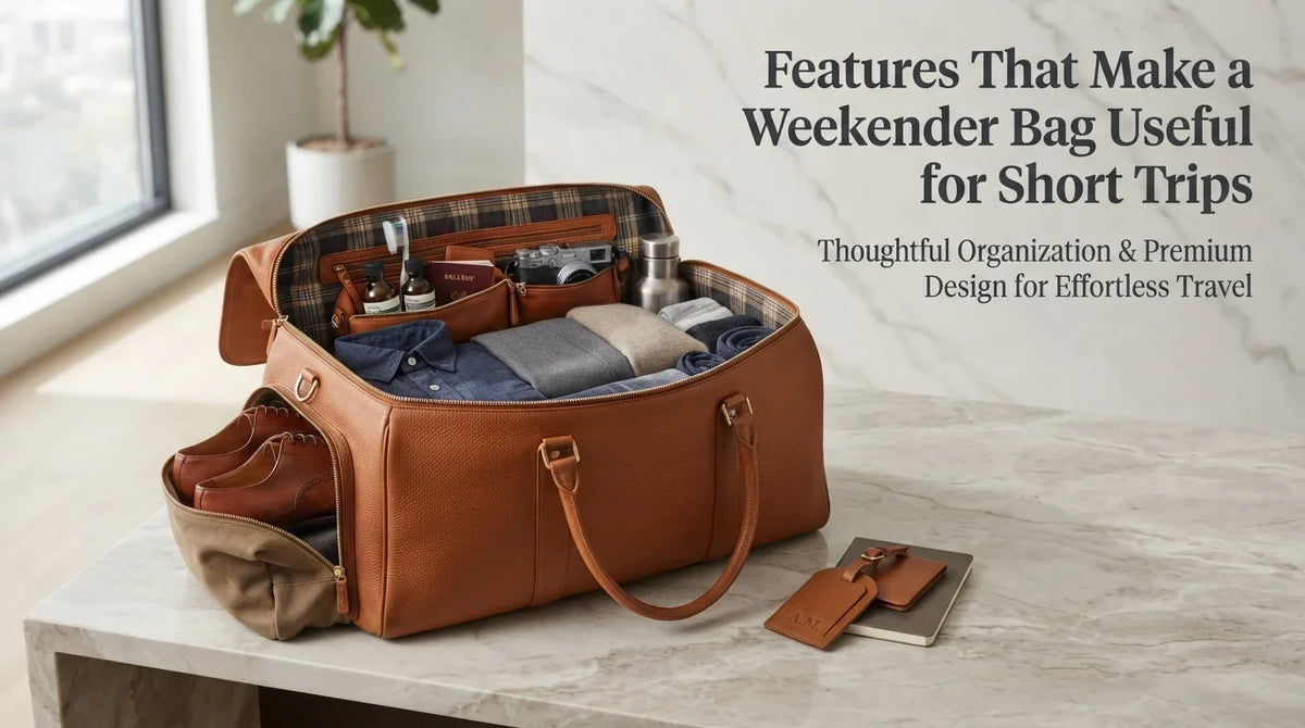 A practical weekender bag showcasing compartments, durable fabric, and a sleek design, perfect for short getaways.