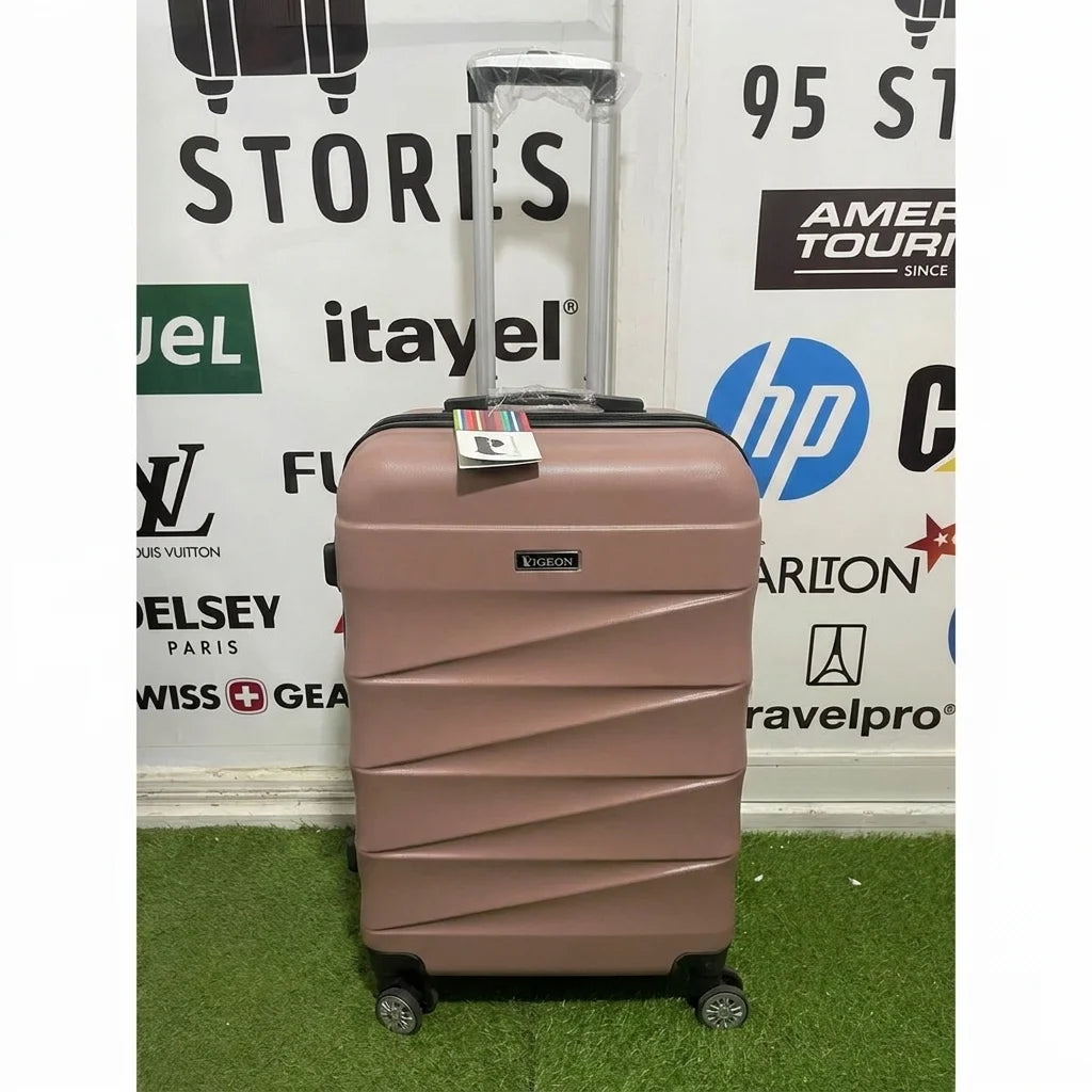 A small cabin pigeon luggage with wheels and a handle, pink color.
