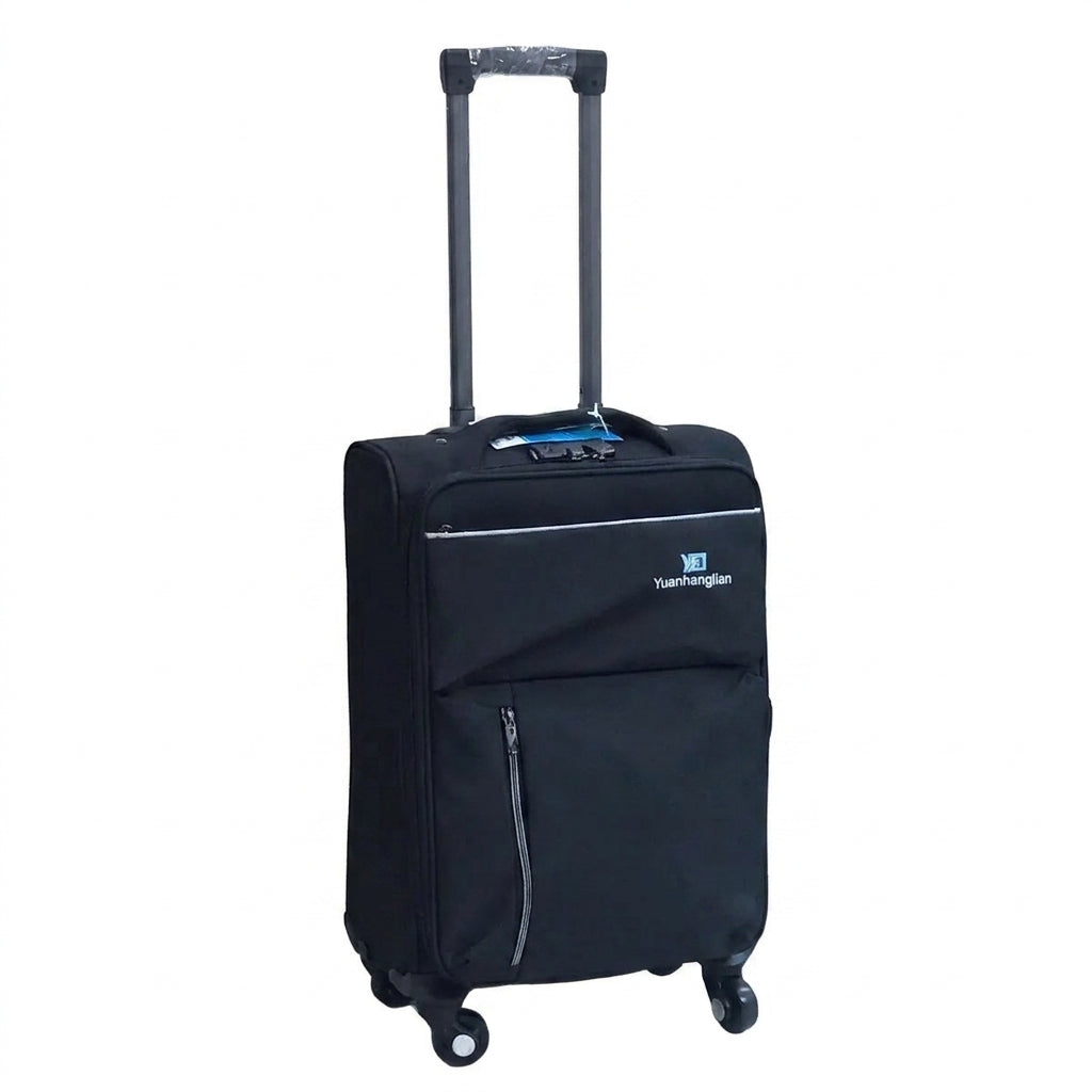 A small cabin luggage with wheels and a handle, black color.