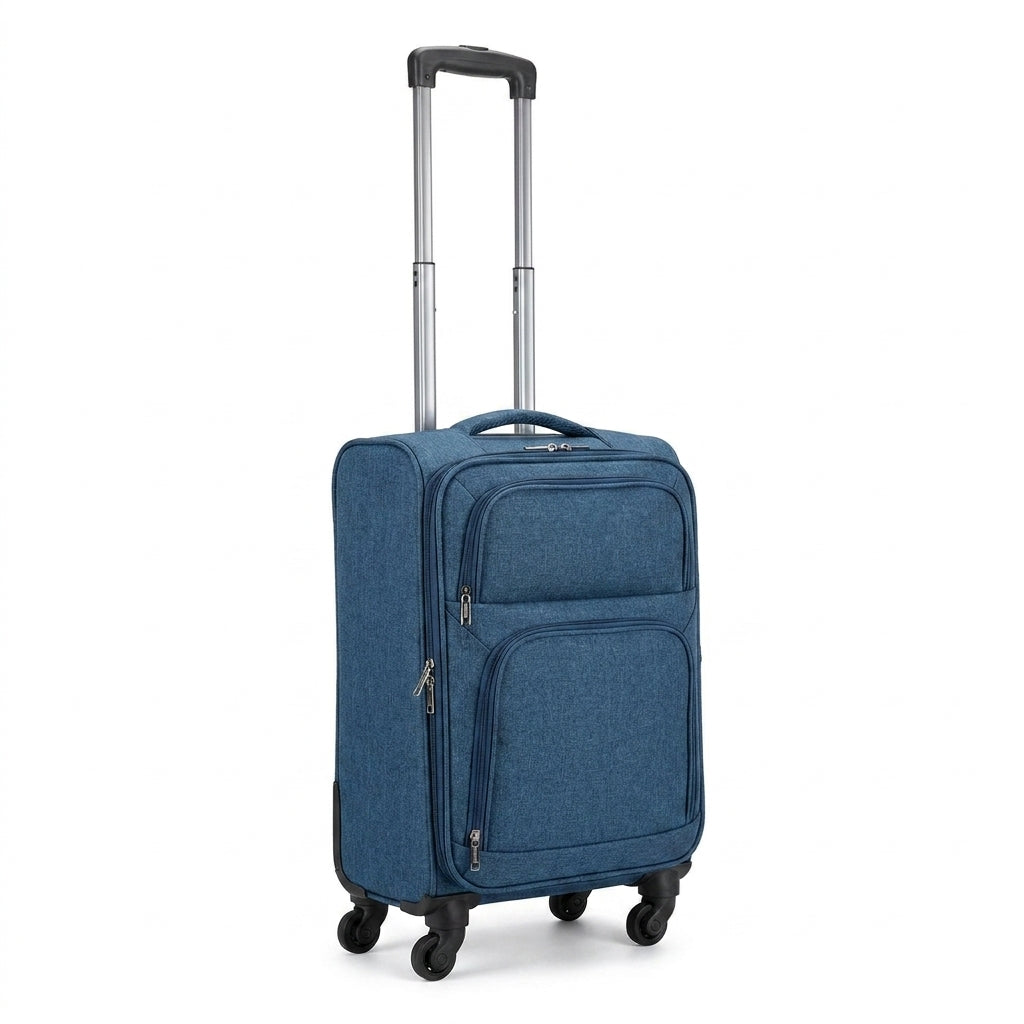 A small cabin luggage with wheels and a handle, blue color.